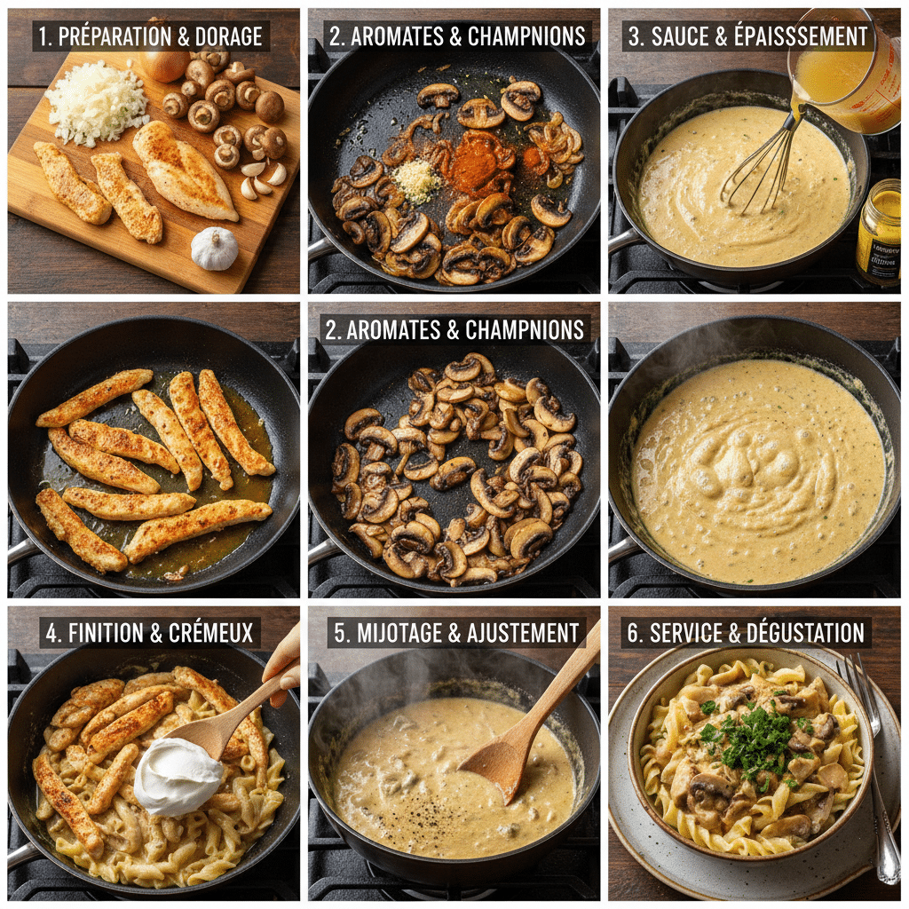 Stroganoff de Poulet aux Champignons servi sur un lit de tagliatelles, garni de persil frais.