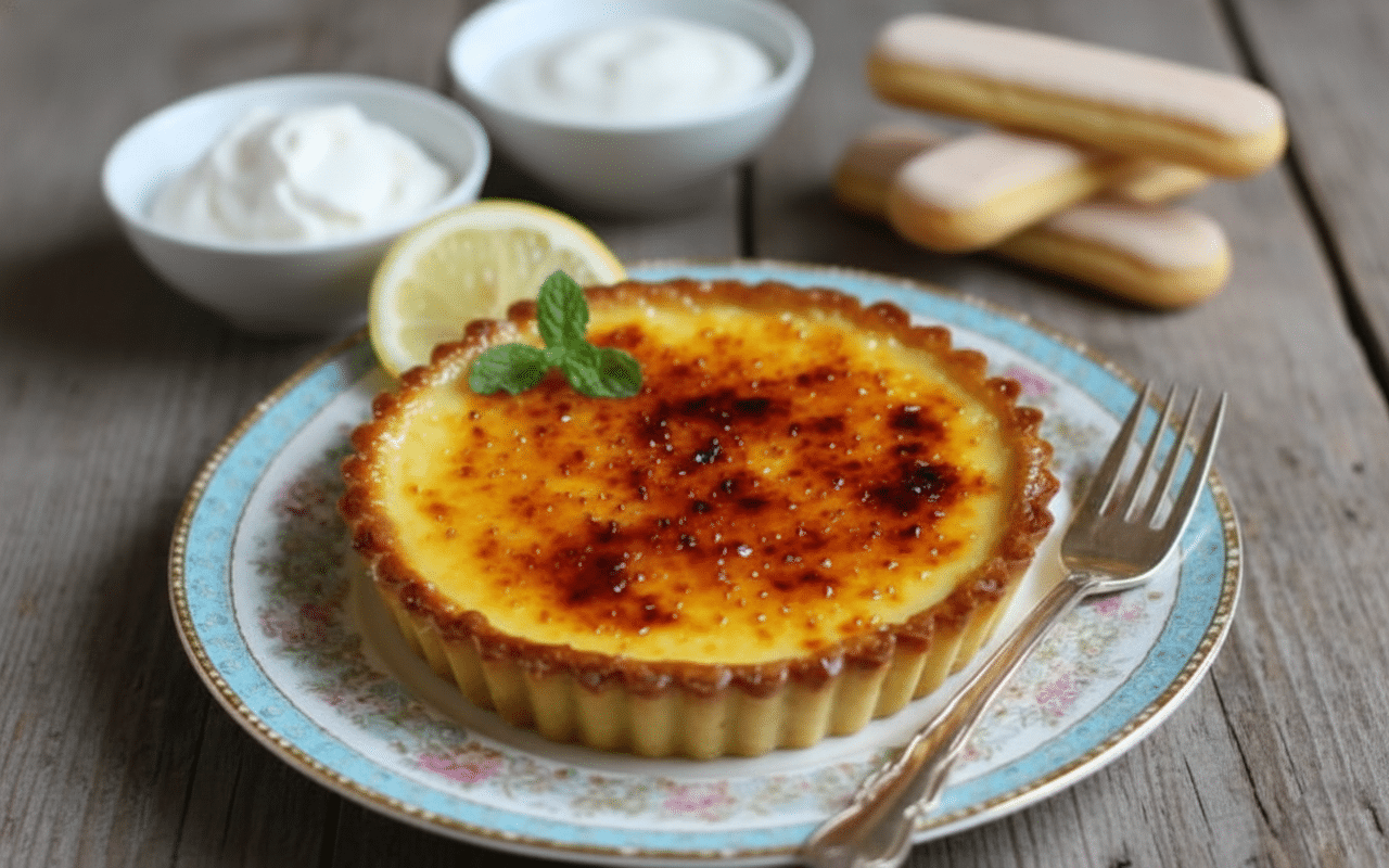 Tarte Façon Crème Brûlée 111 Lait et crème chauds parfumés à la vanille et à l'orange versés lentement sur le mélange jaunes d'œufs/sucre en fouettant. Tarte Façon Crème Brûlée