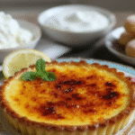 Fond de tarte piqué avec des plombs de cuisson (ou haricots secs) sur papier sulfurisé pour la cuisson à blanc. Tarte Façon Crème Brûlée