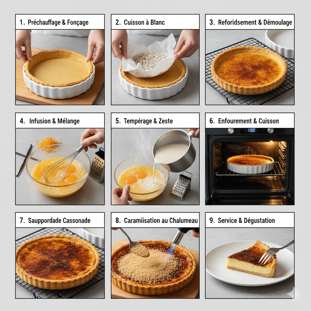 Chalumeau de cuisine caramélisant une couche de cassonade sur la tarte, créant une croûte ambrée. Tarte Façon Crème Brûlée