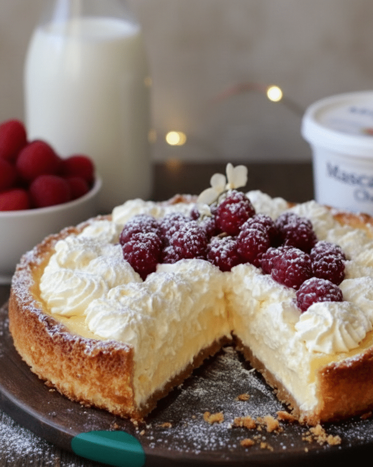 Tranche de tarte fondante au mascarpone saupoudrée de sucre glace, avec un cœur crémeux.