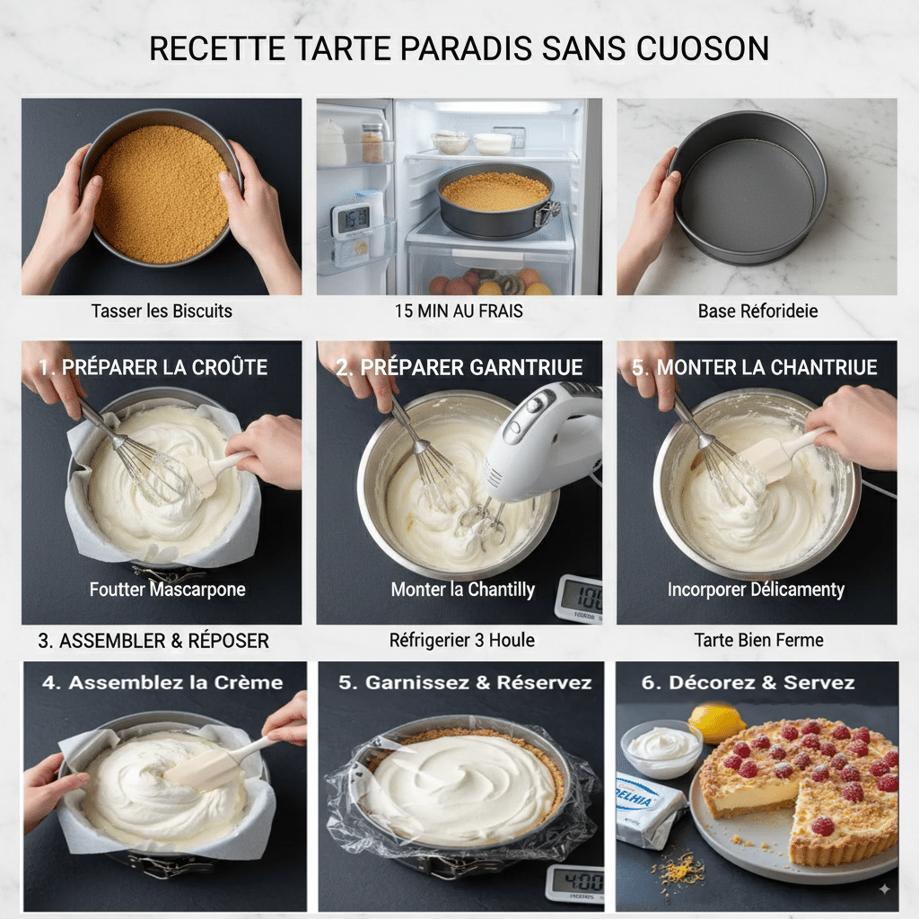 La garniture crémeuse et blanche au mascarpone est versée et lissée sur la croûte de biscuits refroidie.
