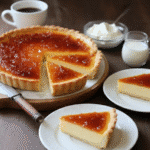 Flan pâtissier maison avec une surface ambrée, servi en tranche.