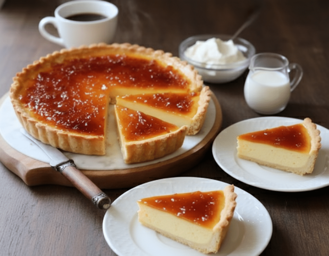 Tarte au Flan Pâtissier 1 Flan pâtissier maison avec une surface ambrée, servi en tranche.
