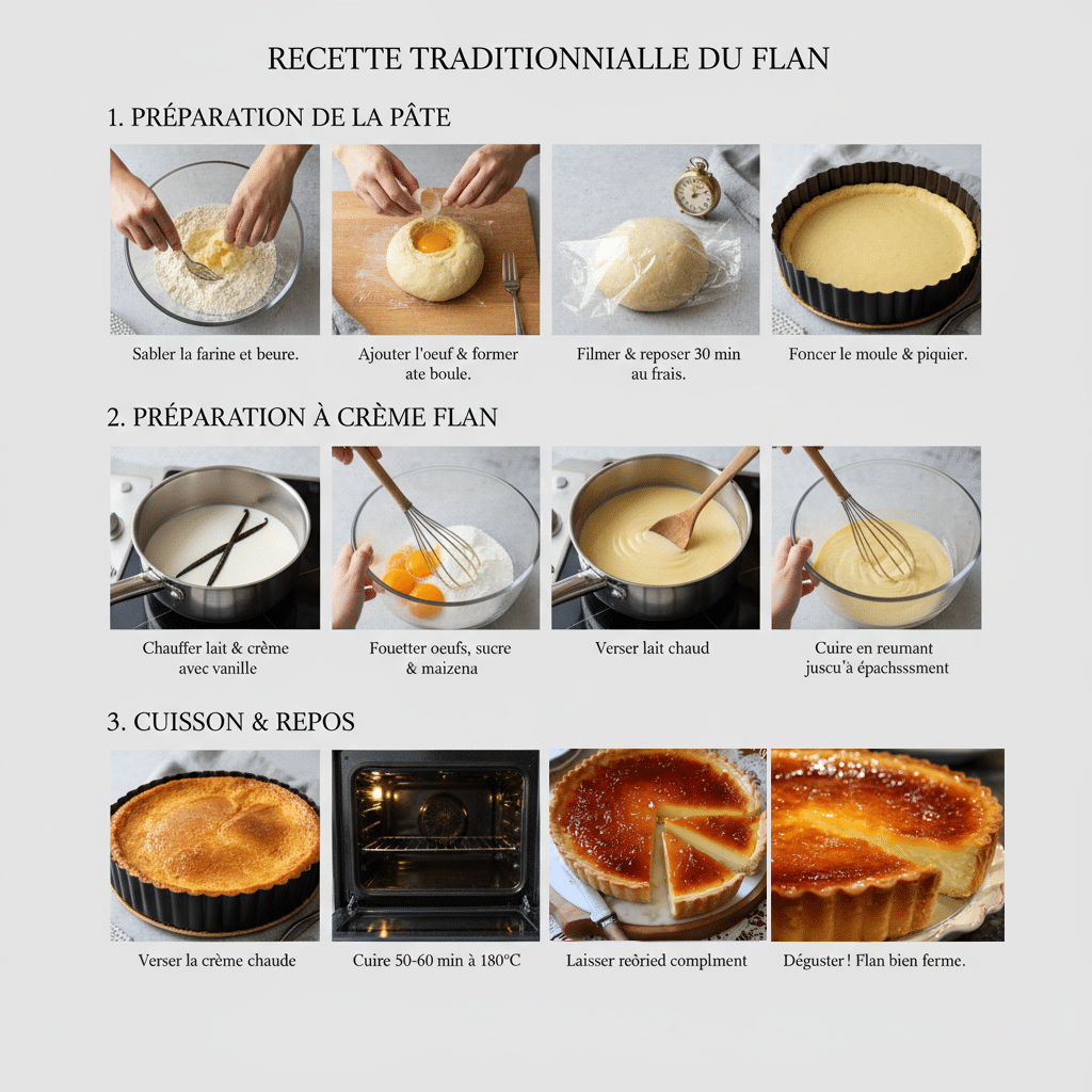 Tarte au flan entière, chaude, dans son moule haut juste après la sortie du four.