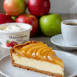 Tarte au mascarpone et à la pomme, dorée, avec les pommes arrangées en rosace.