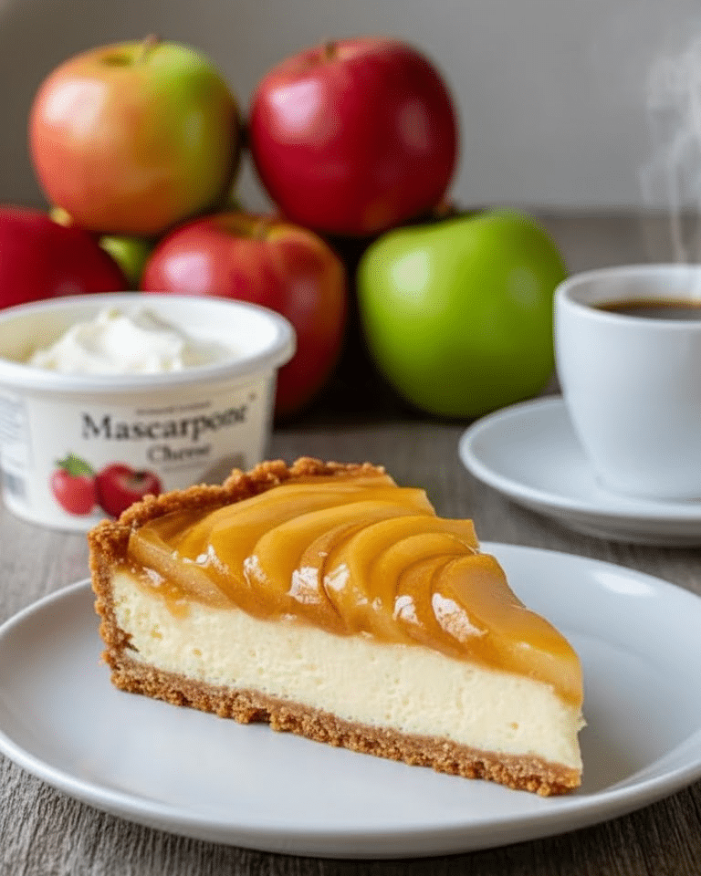 Tarte au mascarpone et à la pomme, dorée, avec les pommes arrangées en rosace.
