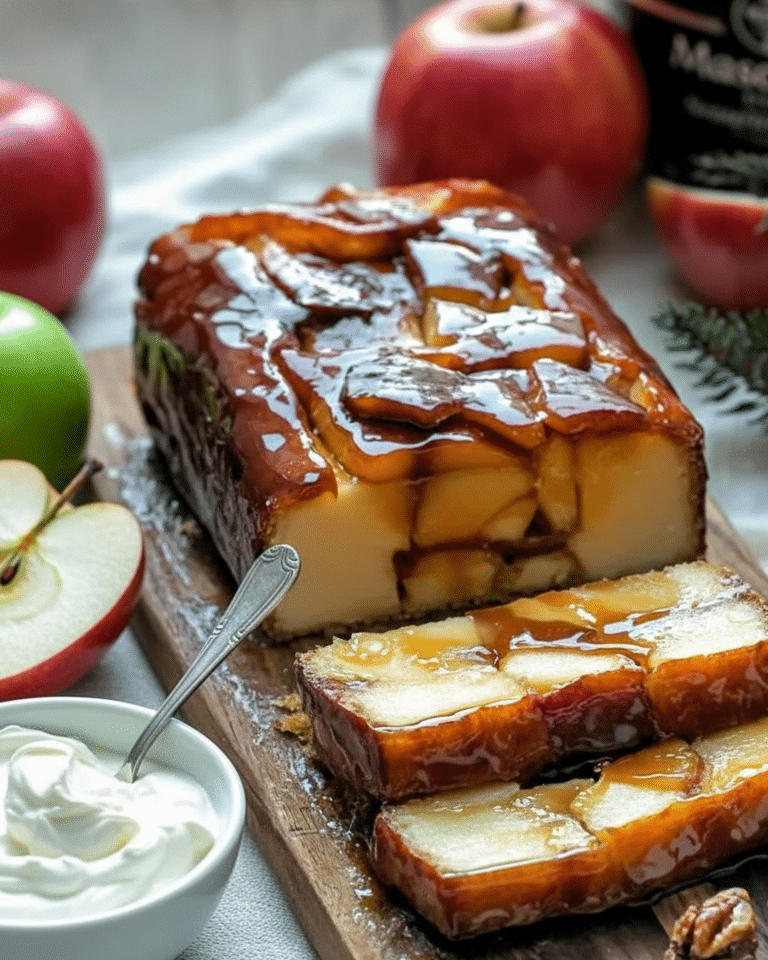Tranches de Terrine aux Pommes Caramélisées, montrant la couche de fruits brillants sur le dessus.