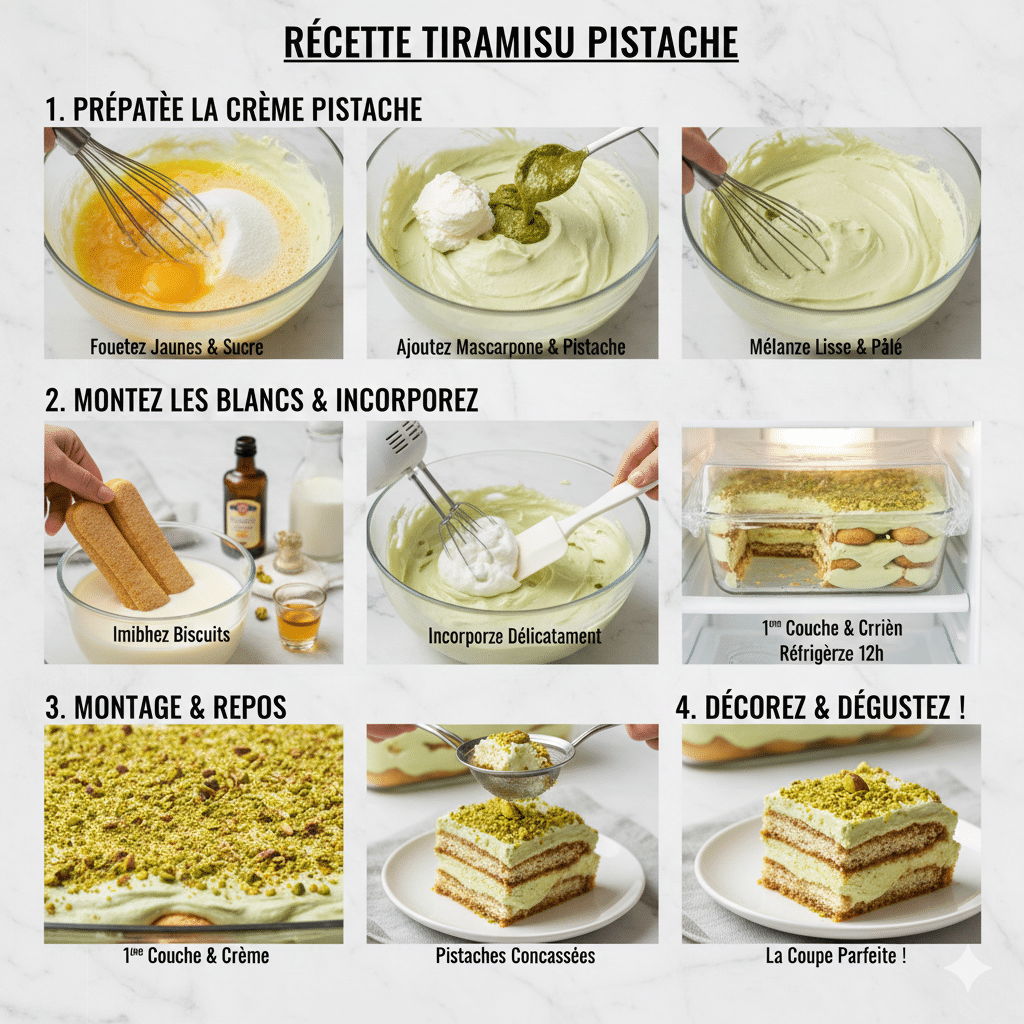 Une part de Tiramisu à la Pistache coupée et servie, montrant les couches distinctes de crème verte et de biscuits imbibés.