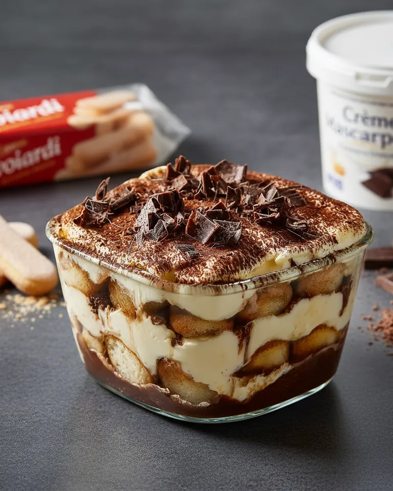 Ingrédients pour tiramisu poires chocolat : mascarpone, œufs, poires Williams, biscuits et chocolat noir sur une table de cuisine.