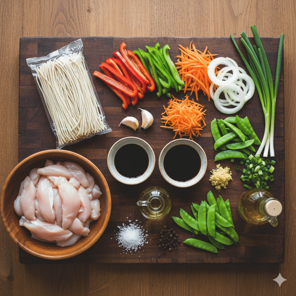 Lanières de poulet doré et légèrement caramélisé dans un wok très chaud. Wok de Poulet aux Nouilles et Légumes