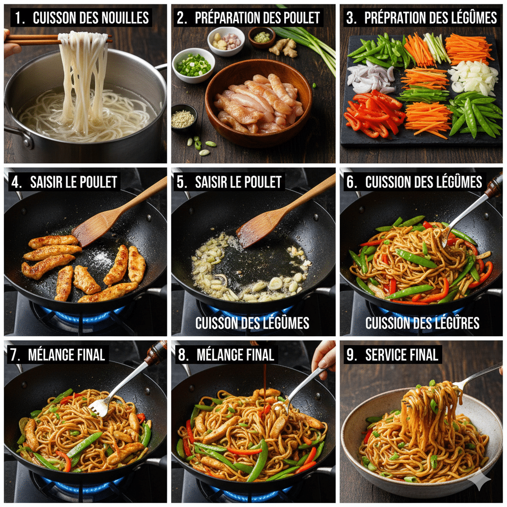 Tous les légumes coupés (poivrons, carottes, oignon, gingembre, ail, cébettes) et le poulet en lanières, prêts à cuisiner. Wok de Poulet aux Nouilles et Légumes