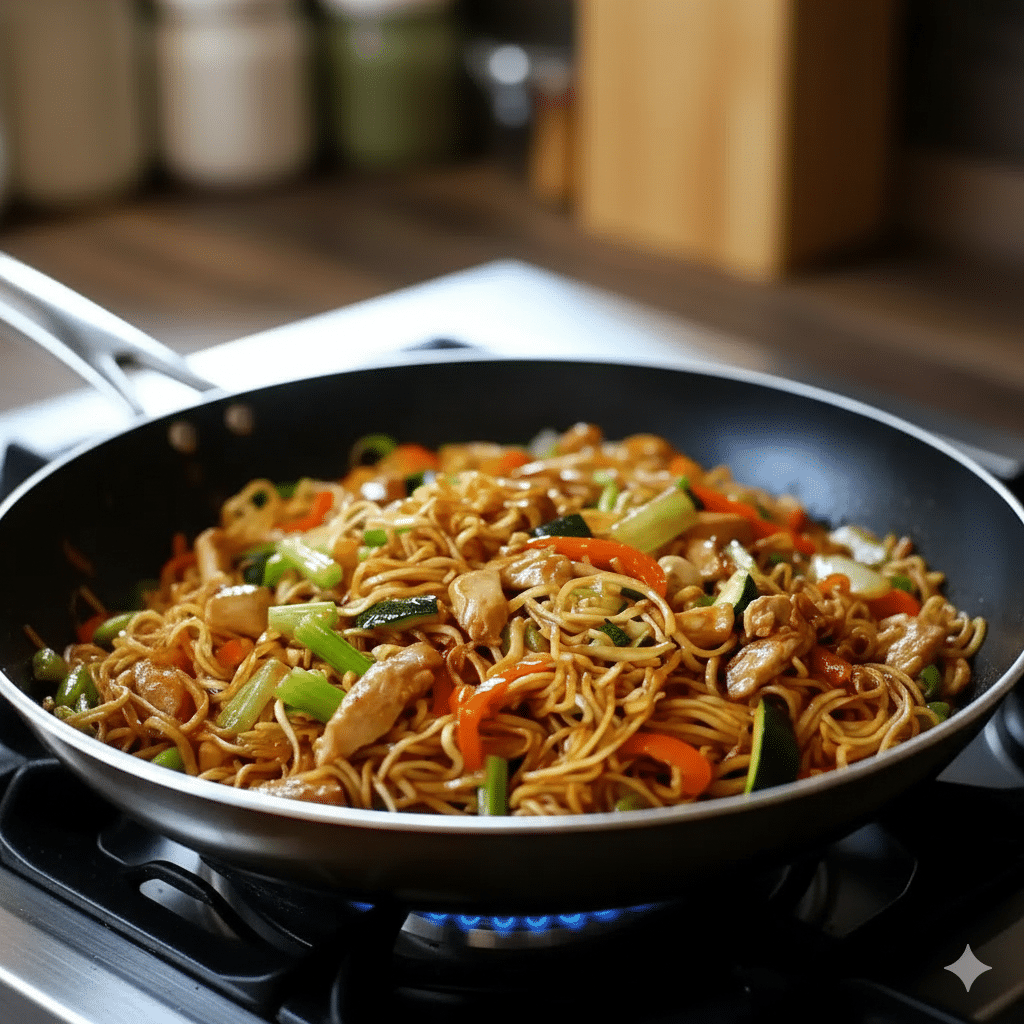 Assortiment de légumes frais (poivrons, carottes, pois gourmands) sautant vivement dans un wok. Wok de Poulet aux Nouilles et Légumes