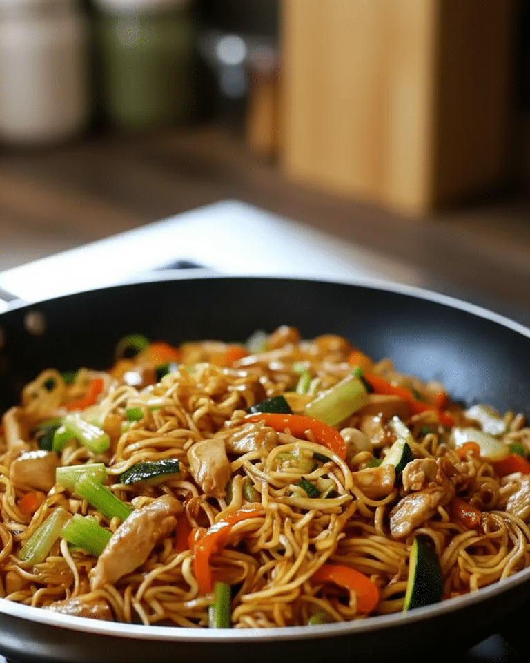 Un Wok de Poulet aux Nouilles et Légumes fumant, prêt à être servi, avec des cébettes fraîches. Wok de Poulet aux Nouilles et Légumes