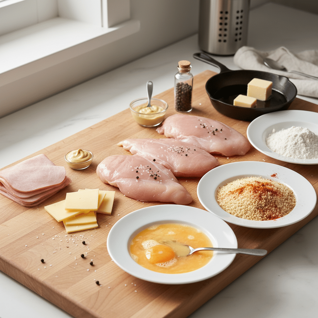 Trois assiettes contenant la farine, les œufs battus et la chapelure, le Cordon Bleu étant enrobé.