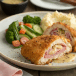 Escalope de poulet ou de veau aplatie entre deux feuilles, frappée avec un maillet de cuisine.