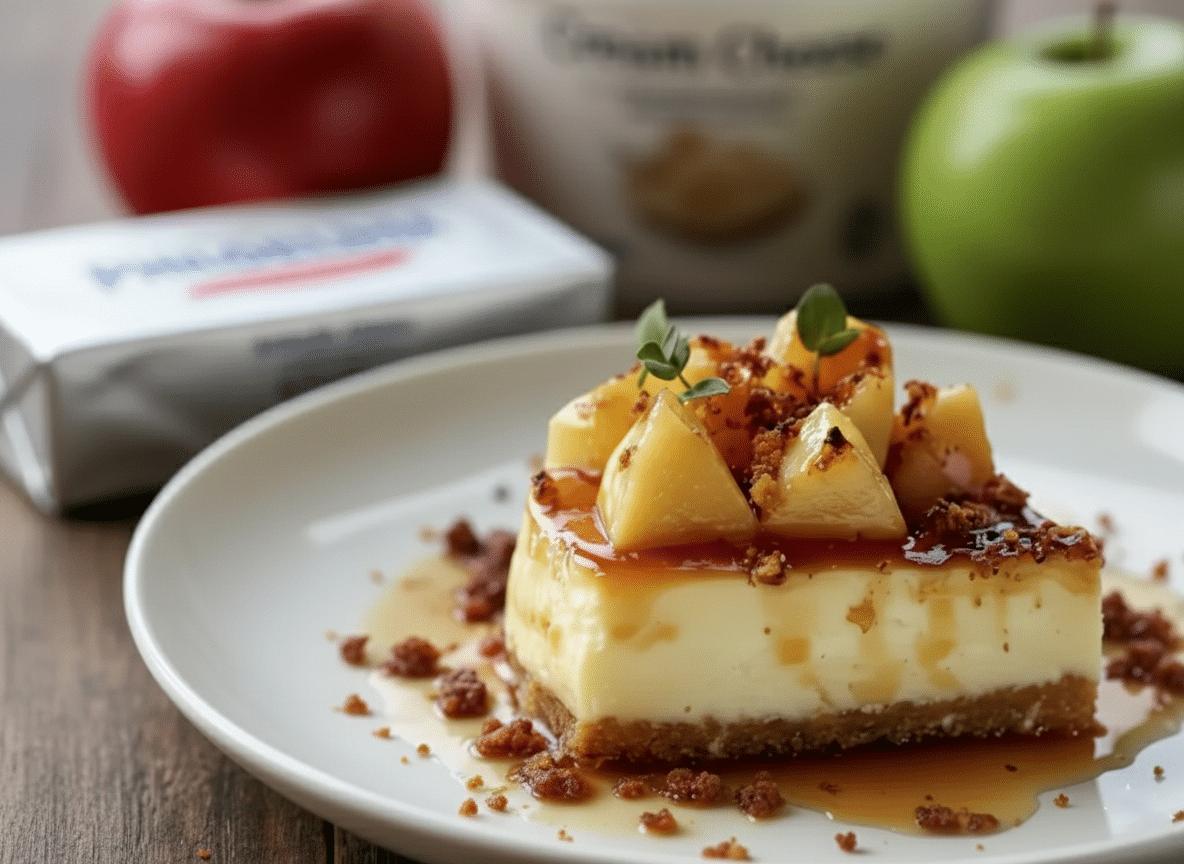 fondant pommes et mascarpone Cheesecake Vanille 2 Pommes en dés, caramel, crumble et herbe fraîche pour garnir le cheesecake.