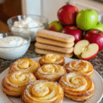 Tranches de pommes et cannelle sur un rectangle de pâte feuilletée, en train d'être roulé. roulés feuilletés aux pommes