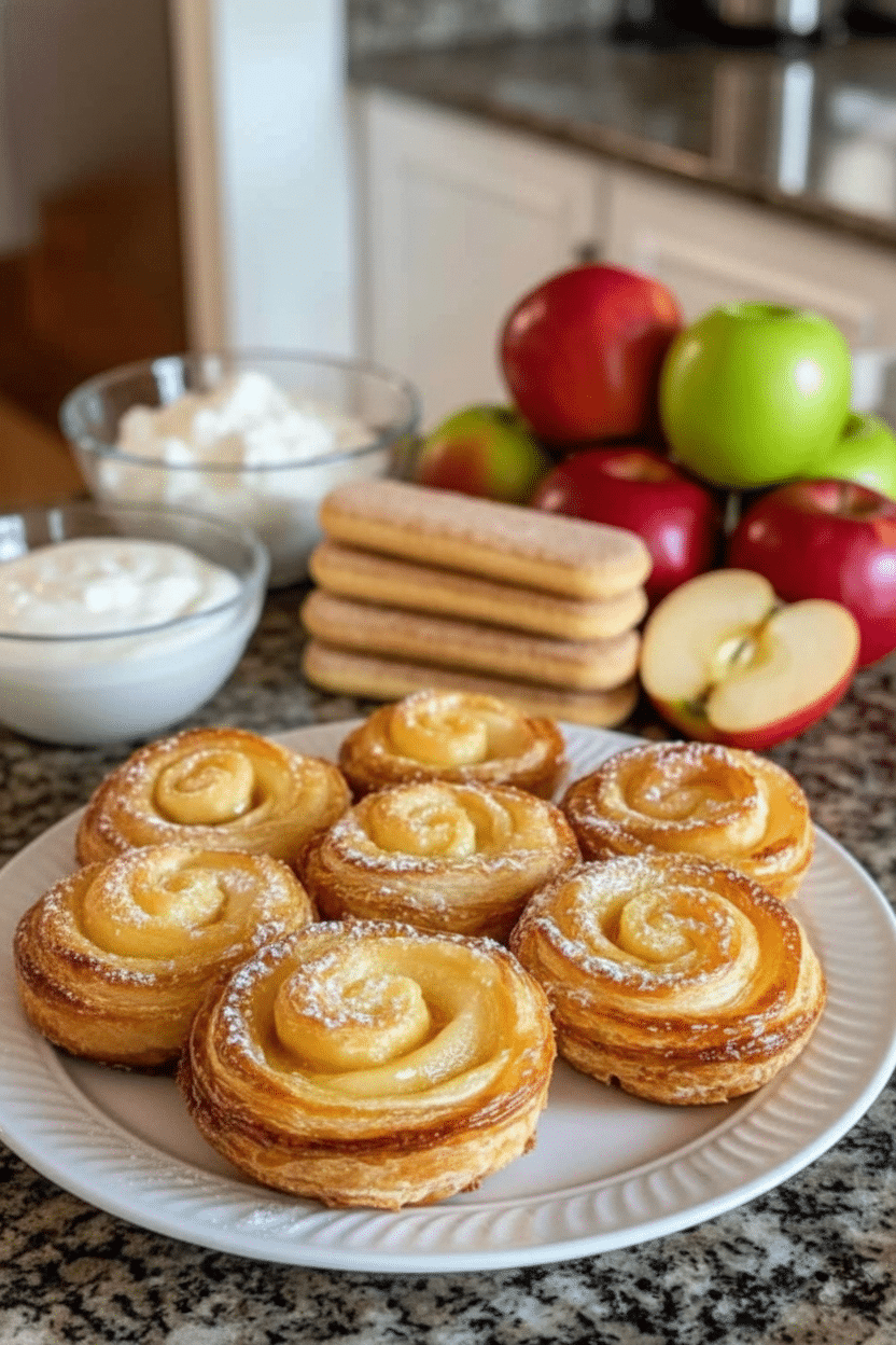 roulés feuilletés aux pommes 22 Tranches de pommes et cannelle sur un rectangle de pâte feuilletée, en train d'être roulé. roulés feuilletés aux pommes