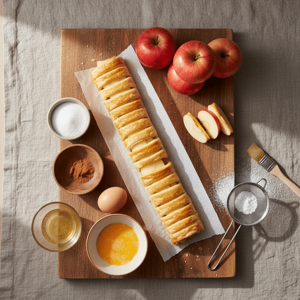 Roulés feuilletés scellés, badigeonnés d'œuf battu pour la dorure, prêts à être enfournés. roulés feuilletés aux pommes