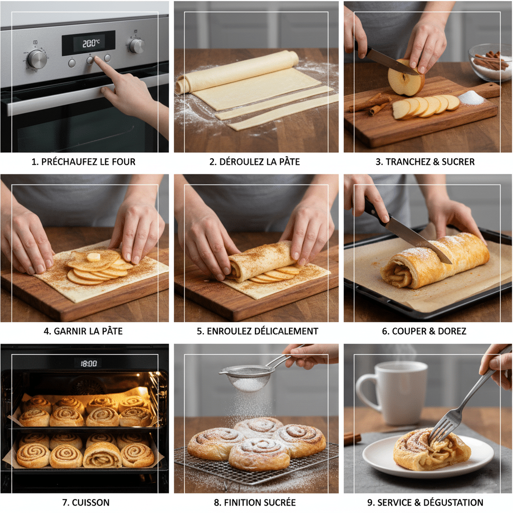 Roulés feuilletés dorés et gonflés saupoudrés de sucre glace.V roulés feuilletés aux pommes