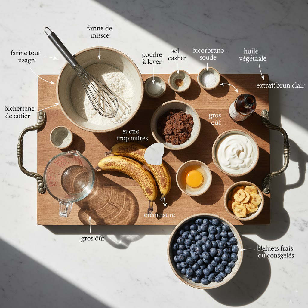 Tous les ingrédients de la recette de muffins (bananes, farines, œufs, bleuets) disposés sur un comptoir de cuisine.